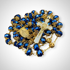 Saint Benedict Gold Rosary Necklace Deep Blue Crystal Beads Miraculous & Cross picture
