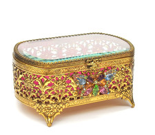 Vintage Gold Ormolu Jewelry Casket Box Butterfly Rhinestones Beveled Glass Lid picture