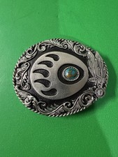 Vintage 1995 Siskiyou Bear Paw Western Belt Buckle Turquoise Concho USA Pewter picture