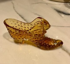 Vintage Fenton Hobnail Amber Glass Shoe with Cat Head Art Glass Slipper picture