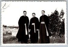 Vtg B&W Snapshot Three Young Priests In Cassocks Outdoors Rome St Peters 1950s picture