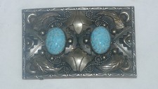 Vintage Alpaca Mexico Turquoise & Silver Belt Buckle Western Cowboy picture