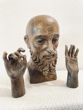 ANTIQUE SET OF CARVED WOOD BASTIDOR HEAD & HANDS OF A MALE SAINT  OR APOSTLE picture
