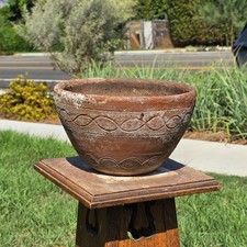 Vintage Terracotta Planter Primitive Hand Carved Geometric Wave Clay Pot 11