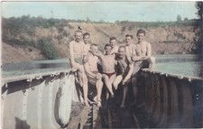 Hand tinted vintage postcard - Shirtless affectionate speedo men-  Gay interest picture