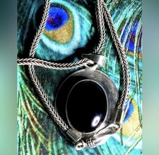 Large Sterling Silver Vintage Onyx Pendant ATI MEXICO Thick Heavy Silver Chain picture