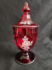 Westmoreland Ruby Red Glass Candy Dish Hand Painted Artist Signed Floral Rose picture