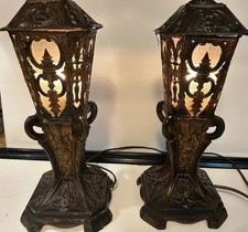 Antique Jennings Brothers Gothic Boudoir Lamps PAIR 1920s Signed JB CROWN FACE picture