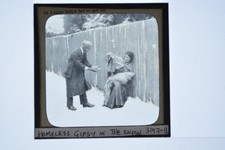 Man Helping Homeless Gipsy Snow Fence Magic Lantern Slide c1900s picture