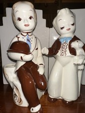 Vintage Delee Man On Tree & Boy w Dog Planter Vase Pottery Hollywood, CA Blue picture