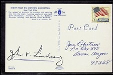 Vintage Postcard Autograph Signature Night Falls NYC John V. Lindsay picture