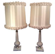 Satin Glass Boudoir/Vanity Lamps~Marble Base & Original Silk Shades Excellent picture