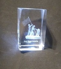 Lucite clear Glass Paperweight RAISING THE  FLAG~God Bless America picture