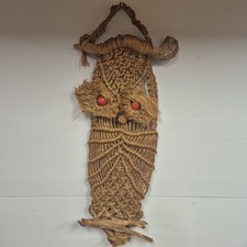 Vintage 1970's Macrame Large Owl Wall Hanging 33” Boho Chic Decor Driftwood MCM picture