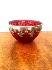 Ruby Red Art Glass Bowl- Silver Metal Trim picture