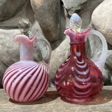 Fenton Cranberry Opalescent Swirl Optic & Drapery Optic Pair Of Cruets picture