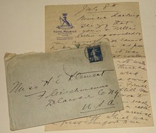 1912 Hotel Meurice Paris France Vintage Handwritten Letter Envelope Catskills NY picture