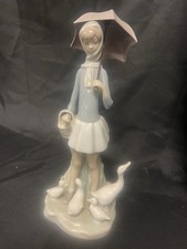 Lladro #4510 Girl with Umbrella/Parasol and 4 Geese Figurine~Retired picture
