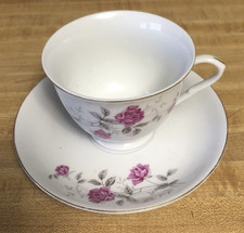 VTG Rose Hebi China White Cup / Saucer Dark Pink Roses & Gray Leaves Gold Trim picture