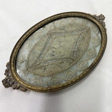 Antique Brass Vanity Tray Gold Lace Insert Glass Oval Handles Footed Apollo picture