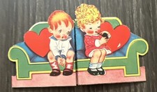 Antique Boy Girl Extending Valentines Day Card Love Hearts picture
