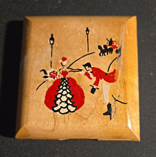 Vintage Wooden Vanity Powder Compact w/ Mirror, Hand-Painted Couple Scene picture
