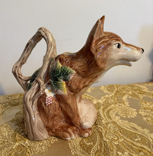 Fitz & Floyd Fox Novelty Ceramic Pitcher 1.25 qt Brown/White/Green Glossy 1990 picture