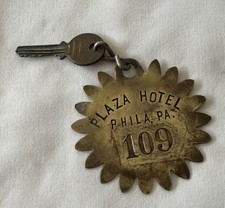 RARE Antique PLAZA HOTEL PHILA, PA Brass Key and Fob Room 109 picture