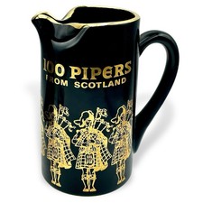Vintage SEAGRAMS WHISKY Pitcher 100 Pipers From Scotland Black Ceramic Gold EUC picture