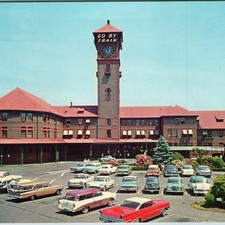 c1960s Portland OR Union Station Clock Tower GO BY TRAIN Chrome Classic Cars picture