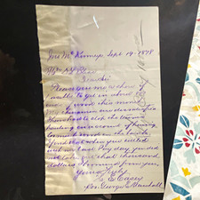 H. E. Casey Handwritten Letter to Mrs. S. P. Bliss Dated Sep 19 1888 picture