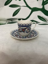 Kutahya Porselen Demitasse Espresso Cup & Saucer Set Blue & Red Florals on White picture