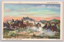 West Texas Cattle War Days Frontier Gunfight Scene Historic Linen Postcard picture
