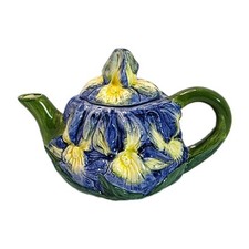 Vintage Majolica Blue Iris Ceramic Collectible Teapot, Small Floral 3D picture