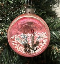 VTG 1950s Pink Mercury Glass 2.25” Indent 3D Candle Diorama Christmas Ornament picture