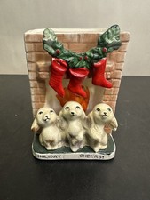 VTG 1950s Ucagco Ceramics Christmas Fireplace Planter 3 Puppies  picture