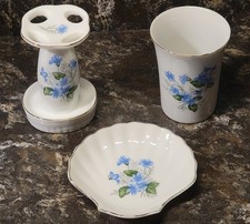Vintage 1950's Lefton Porcelain Vanity Bathroom Set w/ Blue Flowers Cottagecore  picture