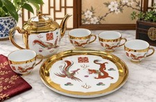 Vintage Chinese Red Dragon & Phoenix Gold Gilded Tea Pot 4 Tea Cups & Tray Set  picture