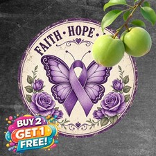 Purple Rose Butterfly Sign Round Awareness Support Decor Metal Plaque 8x8 picture