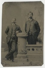 Two Men w/Outrageous Moustache 1860 Outlandish Facial Hair Odd Tintype Photo picture