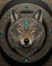 Majestic Wolf Celtic Mandala Gold Emerald Jewel Fantasy Art Print picture