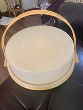 Vintage Tupperware 10-Inch Pie Taker With Lid & HandleGold  & White USA-Made picture
