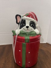 Christmas Cute French Bull Dog  Puppy Cookie Jar Hand Painted picture