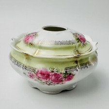 Vintage Porcelain Hair Receiver Made in Germany Pink Rose Pattern Gold Detail picture
