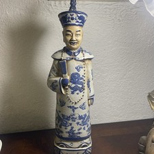Vintage Chinese Emperor Figurine Blue And White Porcelain Pottery Statue picture