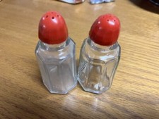 Vintage Clear Glass Retro Salt & Pepper Shakers with Red Lucite Tops picture