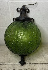 Vintage 1960s-70s MCM Vine & BERRY Pattern AVOCADO Green Glass GLOBE Swag Lamp picture