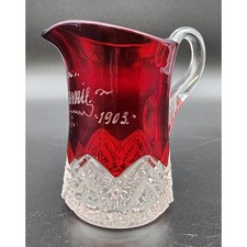 1903 Ruby Stained Cut Glass Pitcher Souvenir Etched Name 4.25” Antique picture