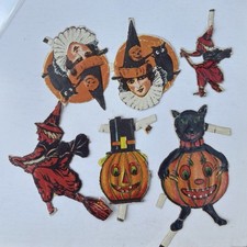 6 Antique German Halloween Die Cut Scraps Black Cat Jol Witch Owl Embossed picture