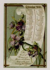 1885 Calendar, purple flowers, scroll of calendar months, New Year card, R. Tuck picture